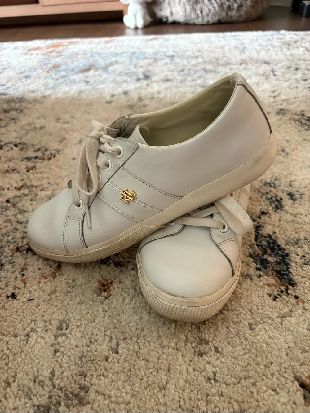 Lauren Ralph Lauren Jansen White Leather Low-Top Sneakers with Gold Logo